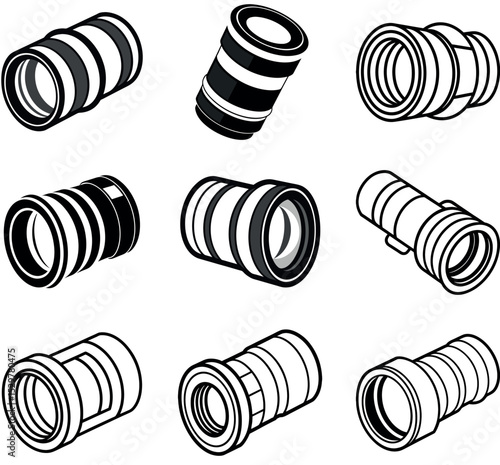 Pipe Fitting and Plumbing Connector Icon Set - Vector Illustrations