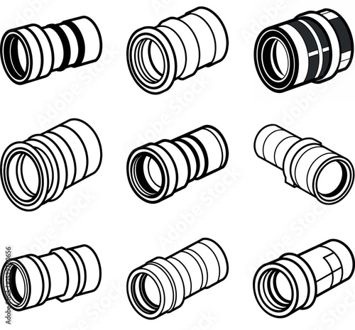 Pipe Fitting and Plumbing Connector Icon Set - Vector Illustrations