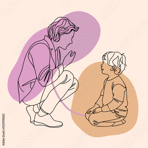 an adult squatted down in front of the child and sits on the same level with him and says something to him
