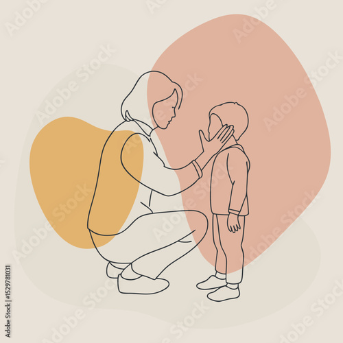 an adult squatted down in front of the child and sits on the same level with him and says something to him
