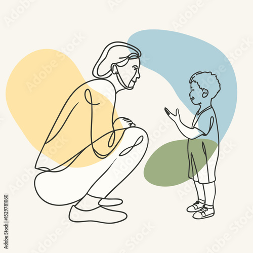 an adult squatted down in front of the child and sits on the same level with him and says something to him