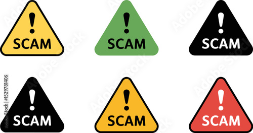 Beware of online scams and fraud alert signs with exclamation mark in warning triangle illustration editable stock vector illustration