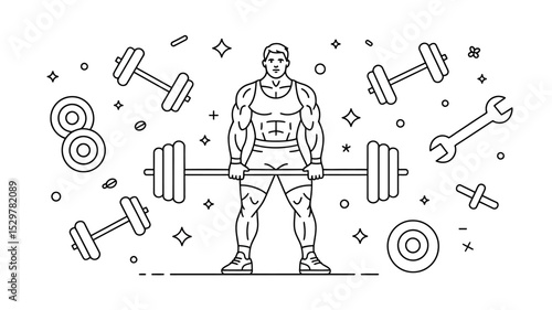Gym workout fitness bodybuilding weightlifting powerlifting exercise training strongman illustration editable stock vector illustration