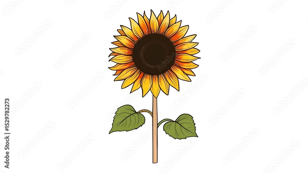Fototapeta premium Bright Yellow Sunflower with Green Leaves on White Background