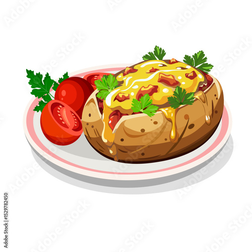 baked potatoes with cheese and tomatoes on a plate