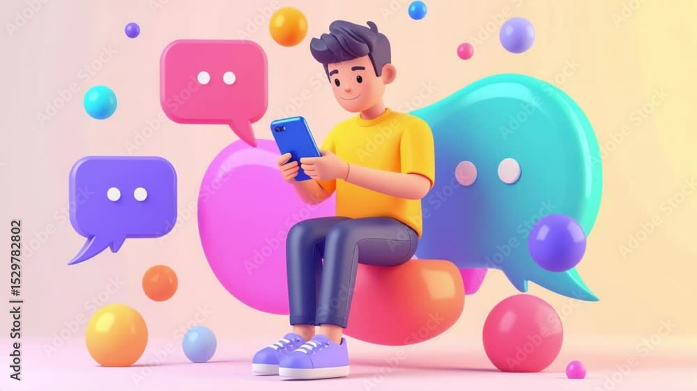 custom made wallpaper toronto digital3D cartoon boy sitting and using phone with colorful chat bubbles, representing mobile communication and fun virtual lifestyle.