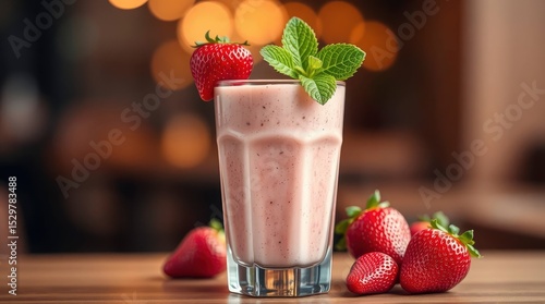 Strawberry smoothie in a glass garnished with mint and a strawberry on a wooden surface with strawberries nearby