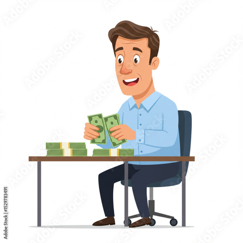 Cartoon Office Worker Counting Money Cash Vector Illustration