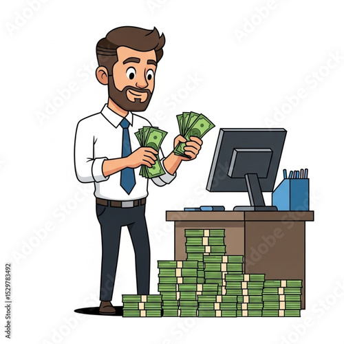 Cartoon Office Worker Counting Money Cash Vector Illustration