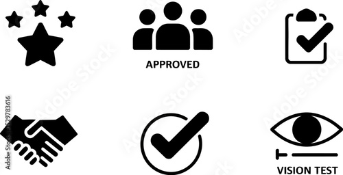 Vector icons set quality approved success vision test handshake stars people checklist symbol 100 editable stock vector illustration