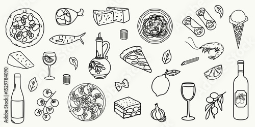 Hand drawn Italian food doodles. Pizza, pasta, cheese, wine, olives, olive oil, gelato, cannoli, tomato, shrimp, garlic, lemon, prosciutto. Traditional Italian cuisine vector set.