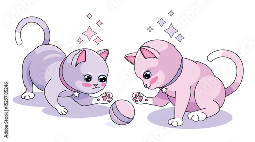 kawai kittens playing. Cute playful pets.