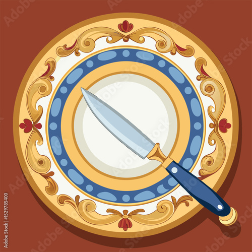 Golden spoon and fork vector icon in a metal ring