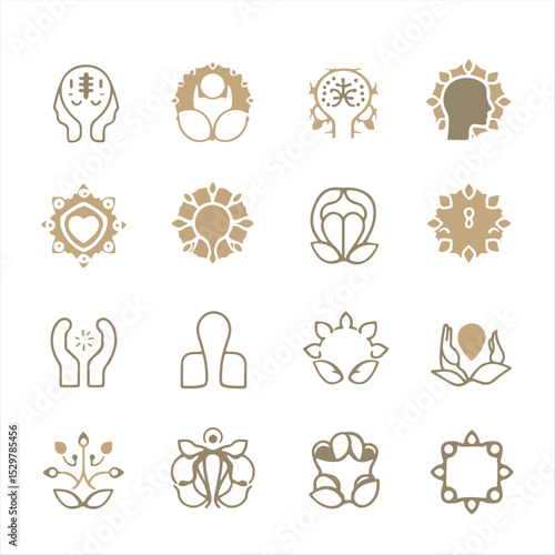 A set of mental health icons  symbols for various therapy approaches, neurodiversity, emotional intelligence, mindfulness, and CBT.  The style is gentle, organic, with geometric shapes and clean lines