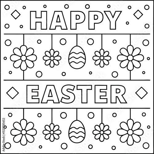 Happy Easter Text with Flowers and Easter Egg Dangles Outline on White Background