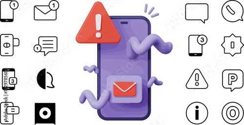Mobile phone alert notification error message spam warning security breach virus attack 3d render design editable stock vector illustration
