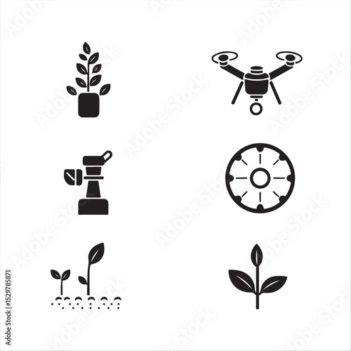 A set of six monochrome icons in a flat, modern style represent modern agricultural technologies vertical farming, drone monitoring, precision sensors, automated harvesting, smart irrigation, and soil