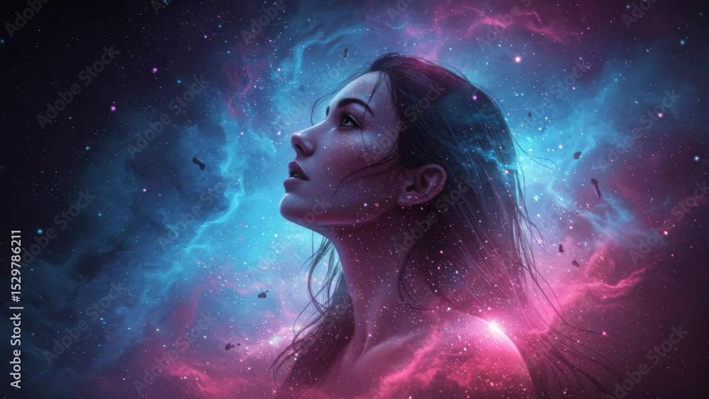 Woman Transcending into the Cosmos - A digital painting of a woman's profile, her long dark hair flowing as if merging with a vibrant nebula of pink and blue hues. Stars and cosmic dust surround her Woman Transcending into the Cosmos - A digital painting of a woman's profile, her long dark hair flowing as if merging with a vibrant nebula of pink and blue hues. Stars and cosmic dust surround her