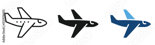 Airplane Front View Silhouette and Line Icon Set for Aviation and Travel