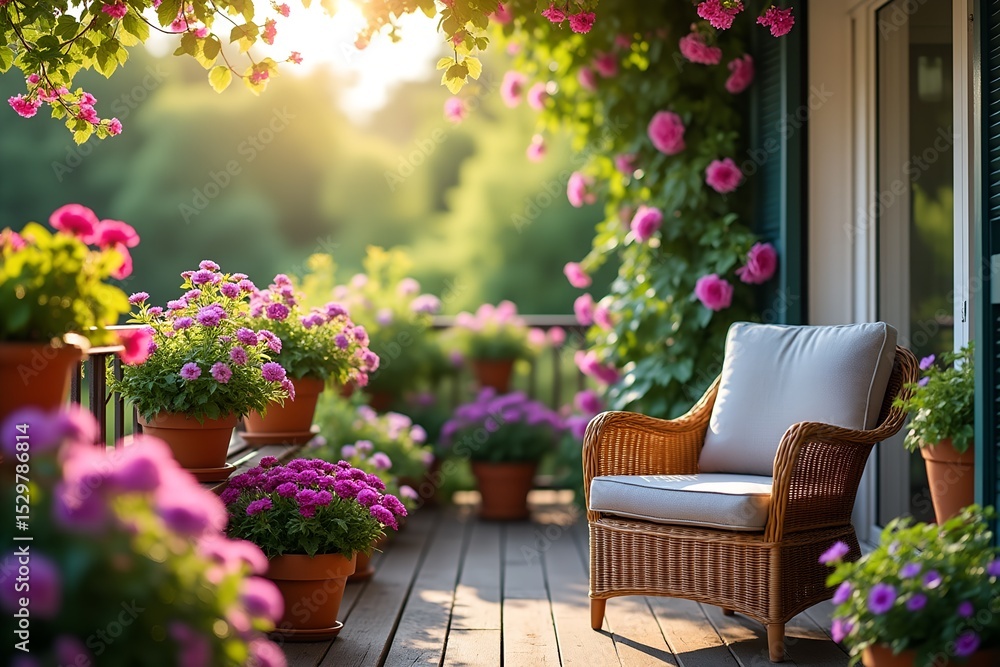 Fototapeta premium Relaxing wicker chair on a sunny flower filled patio