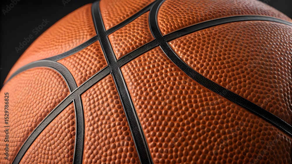 Obraz premium Close-up view of a textured basketball, showcasing the orange leather and black lines. The detailed grain and seams are prominent against a dark background.