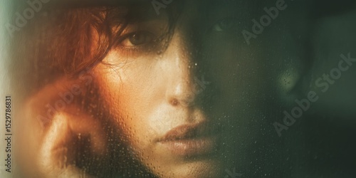 Close Up Pensive Woman Behind Misted Glass