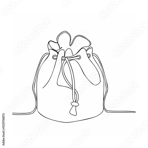 Minimalist one line drawing of a stylish drawstring pouch or bag in black and white
