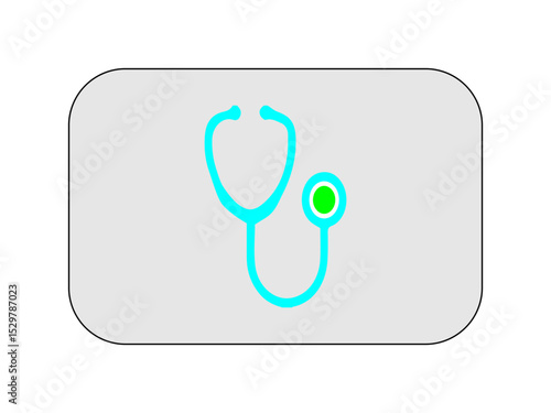 The image features a vector illustration of a stethoscope placed at the center of a rounded rectangular light gray background.