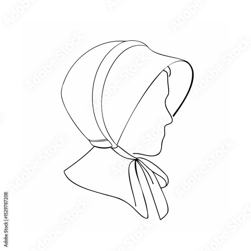 Simple black and white line art illustration of a bonnet from colonial times era