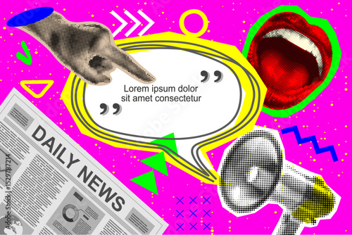Halftone Collage with Hand showing speech bubble. Megaphone with message and newspaper. Online news, hot news. Halftone lips mouth hand in dotted texture vintage pop art style	
