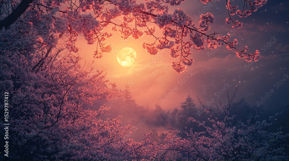 Obraz premium Full moon shining through cherry blossoms in a dreamy landscape at night with soft light