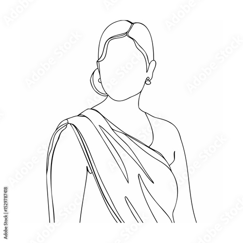 Elegant line drawing portrait of a woman wearing a saree and earrings in black and white