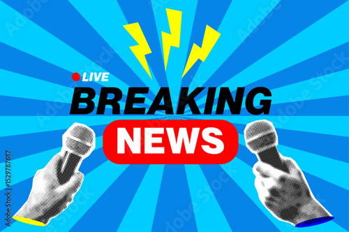 breaking news concept design with reporter hands holding microphones isolated vintage halftone dotted effect retro collage cut-out element for current event urgent update live announcement.