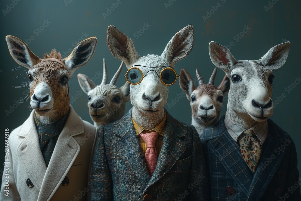 Obraz premium A whimsical portrait of anthropomorphic animals in formal attire, showcasing a unique blend of creativity and humor, capturing the essence of individuality and personality.