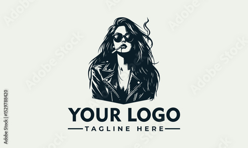 Cool black and white illustration of a fashionable woman wearing sunglasses and leather jacket while smoking a cigarette. Urban lifestyle concept
