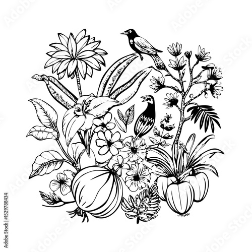 Garden of plenty silhouette: mango, guava, banana, hibi