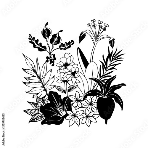 Garden of plenty silhouette: mango, guava, banana, hibi fruits