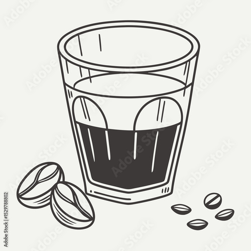 Glass of coffee with coffee beans and grounds on light background  