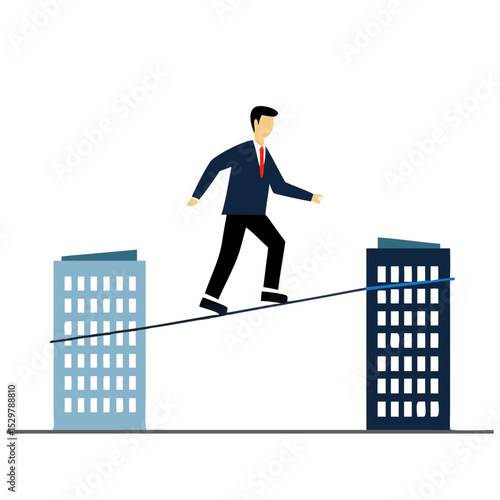 Businessman walking tightrope between buildings, transparent png