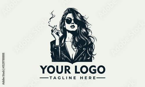 Cool black and white illustration of a fashionable woman wearing sunglasses and leather jacket while smoking a cigarette. Urban lifestyle concept