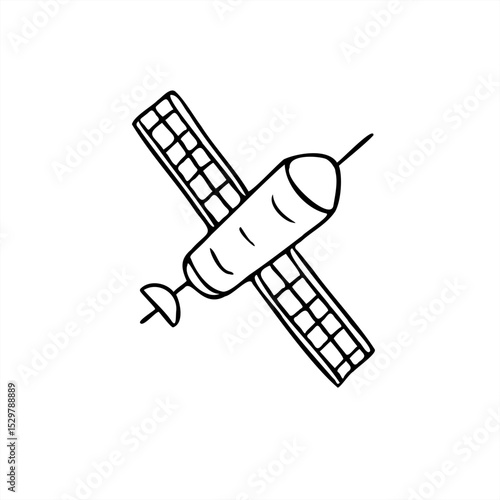 Flying satellite with deployed solar panels stylized monochrome vector illustration. Spacecraft graphic sketch for space technology themes, sci fi project, educational material, coloring page.