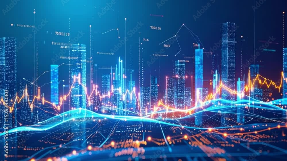 custom made wallpaper toronto digitalDigital futuristic chart with glowing red-blue lines showing trading, finance and economic data in modern tech style.
