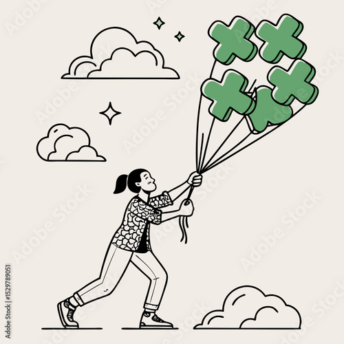 Girl running with plus sign balloons happy dreams aspirations