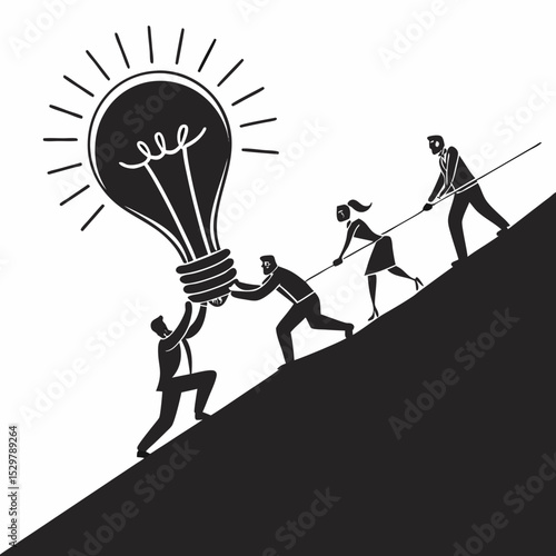 Team effort carrying a giant lightbulb up a hill