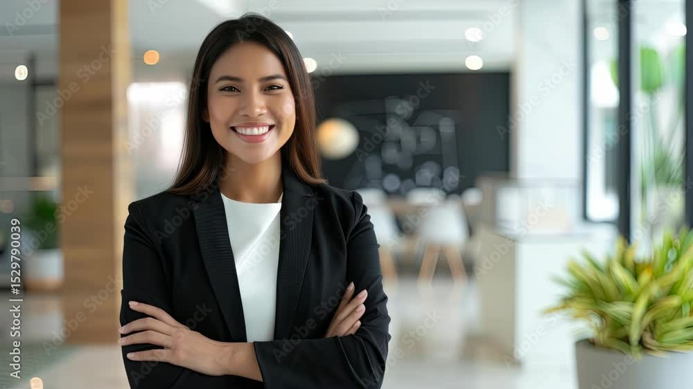 A confident professional woman smiles with arms crossed in a bright, modern office designed for collaboration A confident professional woman smiles with arms crossed in a bright, modern office designed for collaboration