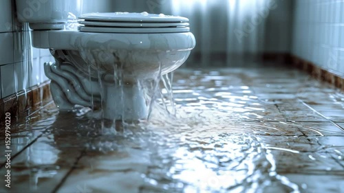 Water Leaking from a Toilet onto a Wet Bathroom Floor