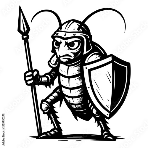 An illustrated cockroach warrior with a spear and shield, drawn in bold black lines, captures the essence of resilience, strength, and unwavering determination.
