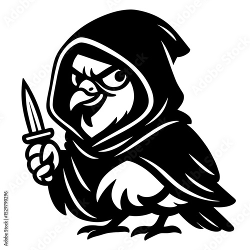A menacing cartoon owl, cloaked in a dark hood, holds a knife, an unsettling emblem.