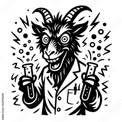A whimsically eerie goat scientist conjures bubbling potions, his beady eyes gleam with madcap brilliance amid electric arcs in a black and white illustration.
