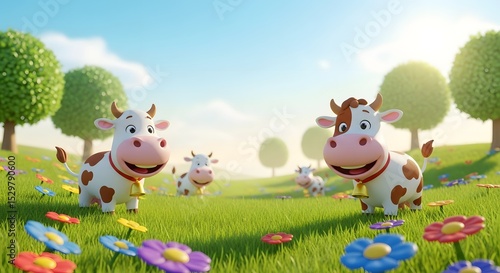Cartoon Cows in a Flower Meadow